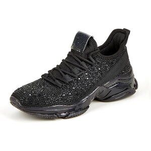 Lucky Step Women Black Mesh Slip On Fashion Breathable Spakle Glitter Sneakers